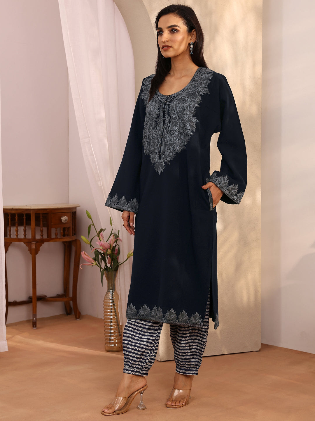 Navy Blue Embroidered Wool Straight Kurta