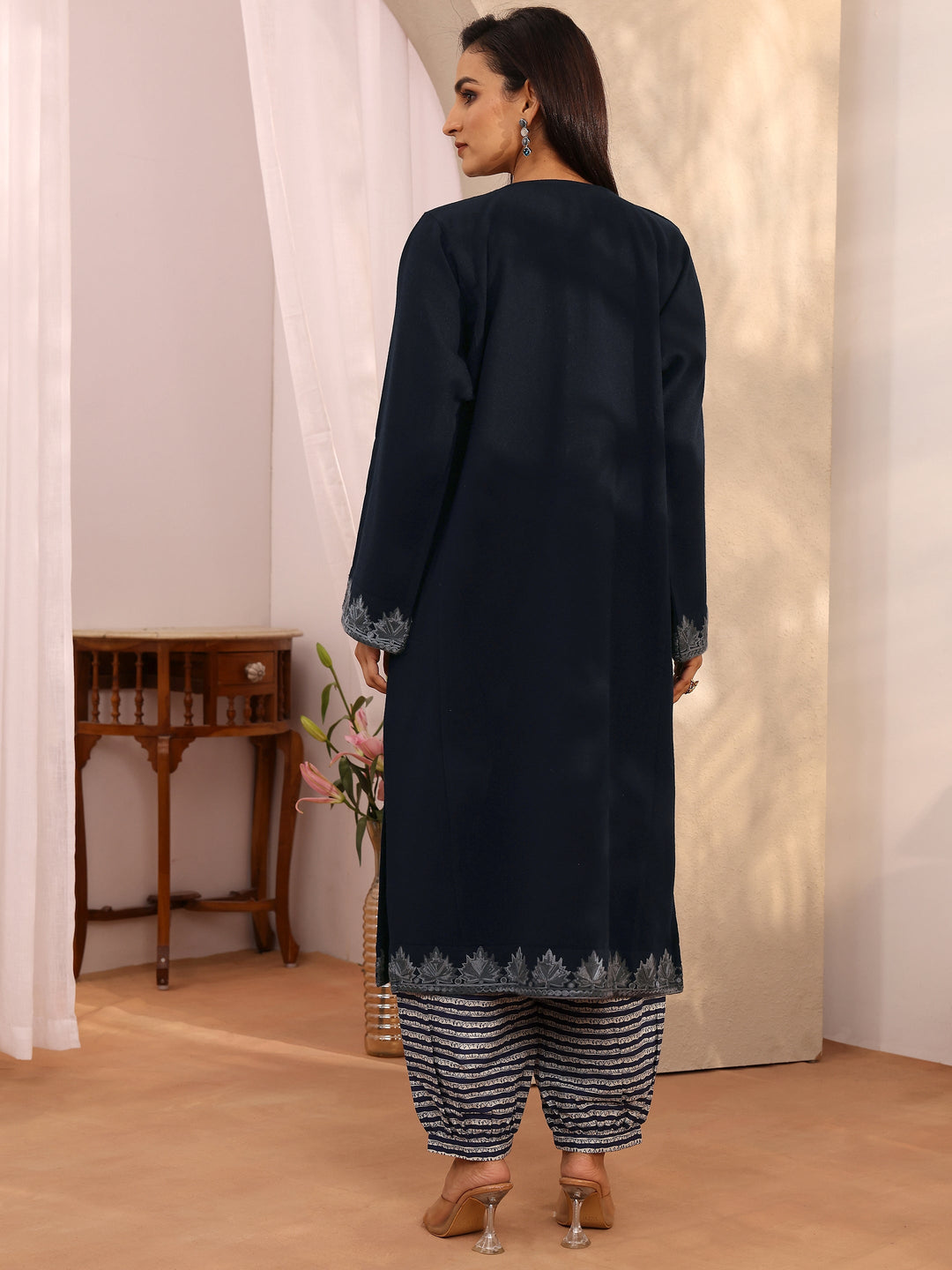 Navy Blue Embroidered Wool Straight Kurta