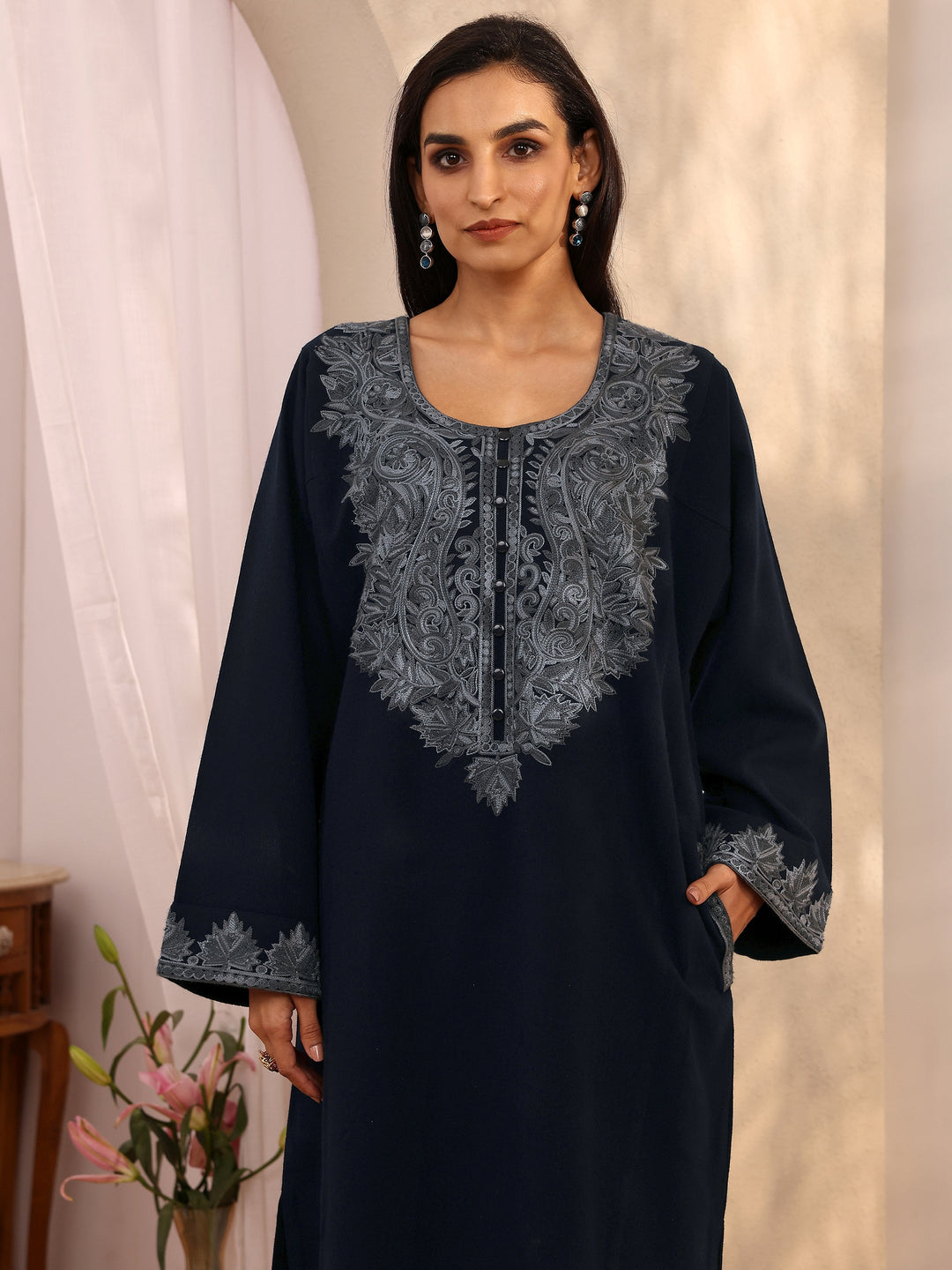Navy Blue Embroidered Wool Straight Kurta