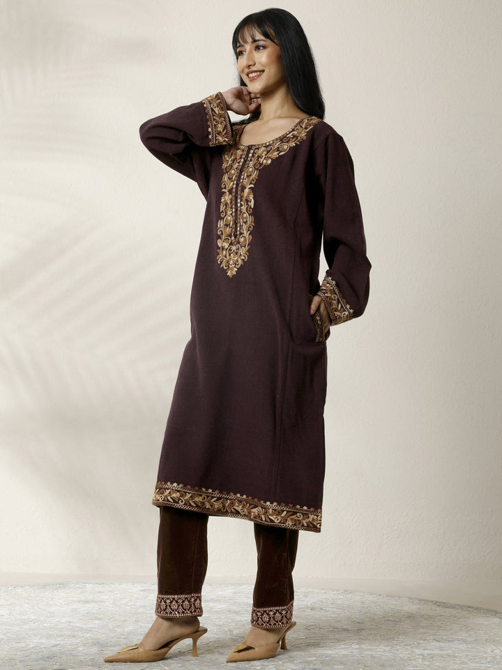 Burgundy Embroidered Wool Straight Kurta