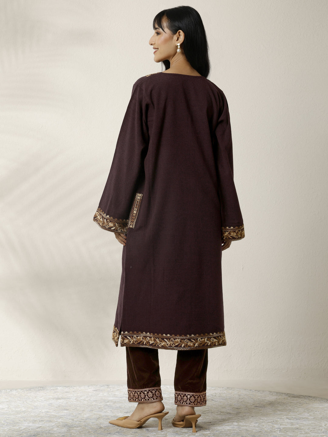 Burgundy Embroidered Wool Straight Kurta