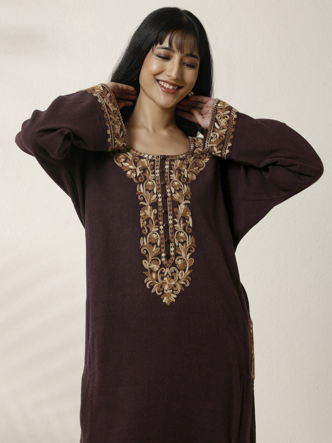 Burgundy Embroidered Wool Straight Kurta