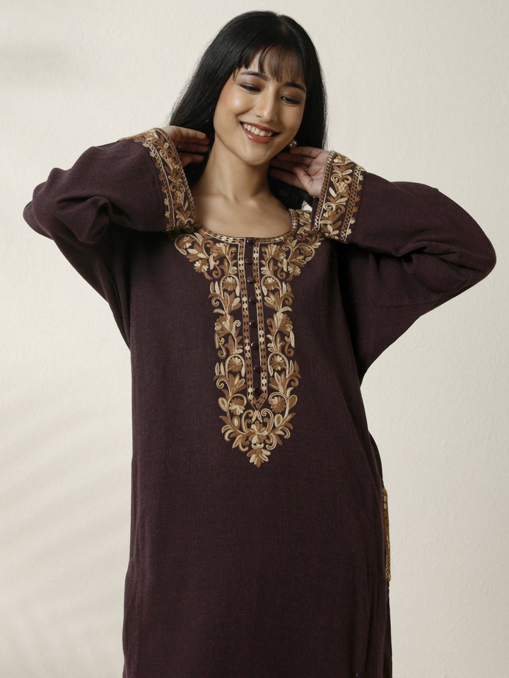 Burgundy Embroidered Wool Straight Kurta