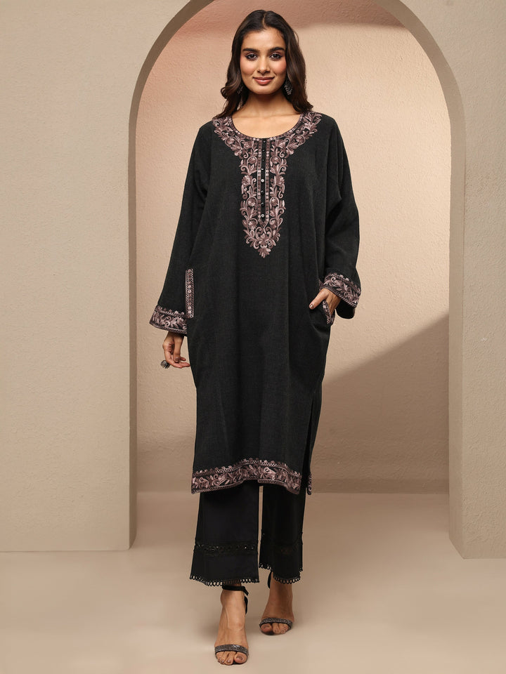 Black Embroidered Wool Straight Kurta