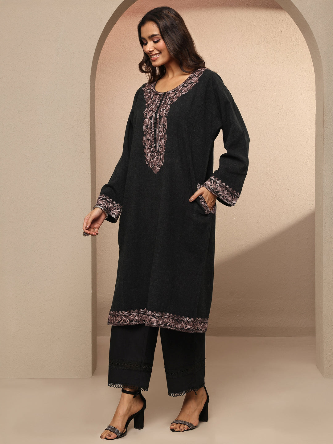 Black Embroidered Wool Straight Kurta