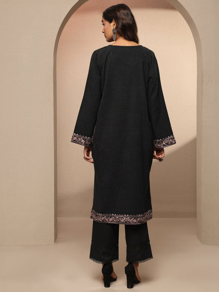 Black Embroidered Wool Straight Kurta