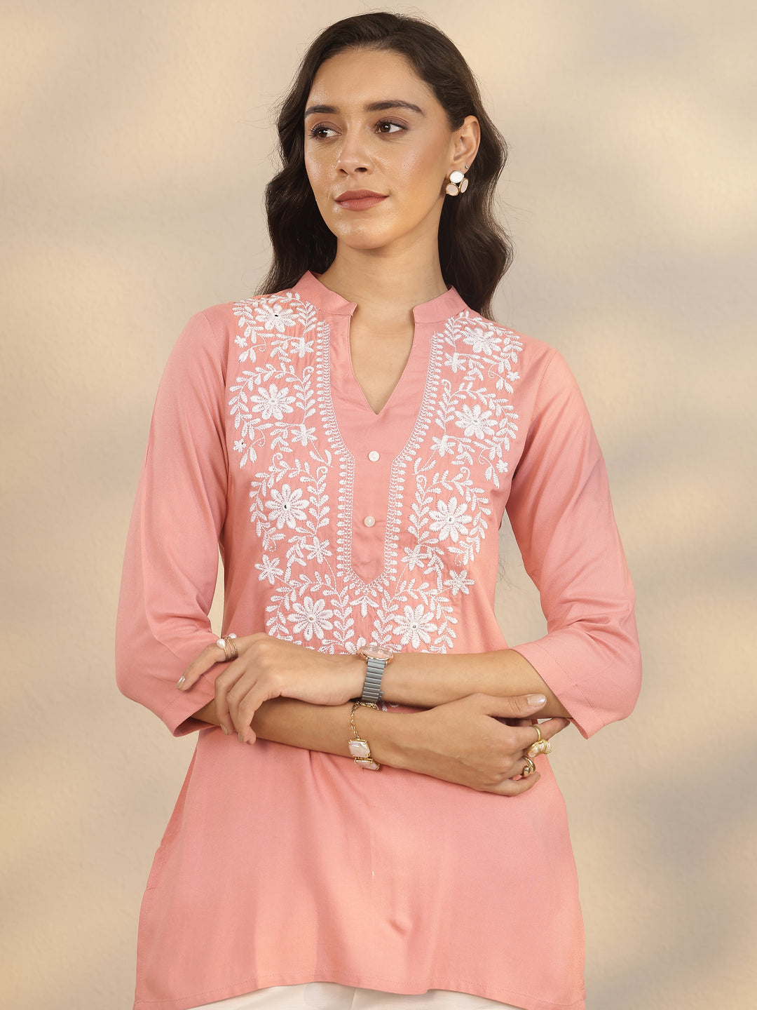 Peach Yoke Design Rayon Straight Short Kurti