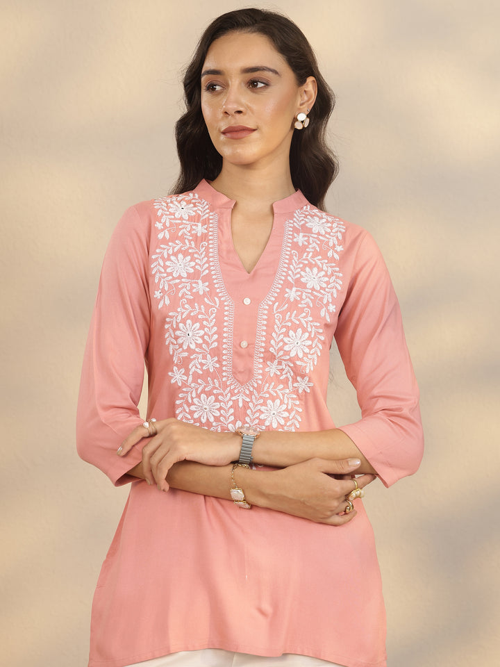 Peach Yoke Design Rayon Straight Short Kurti