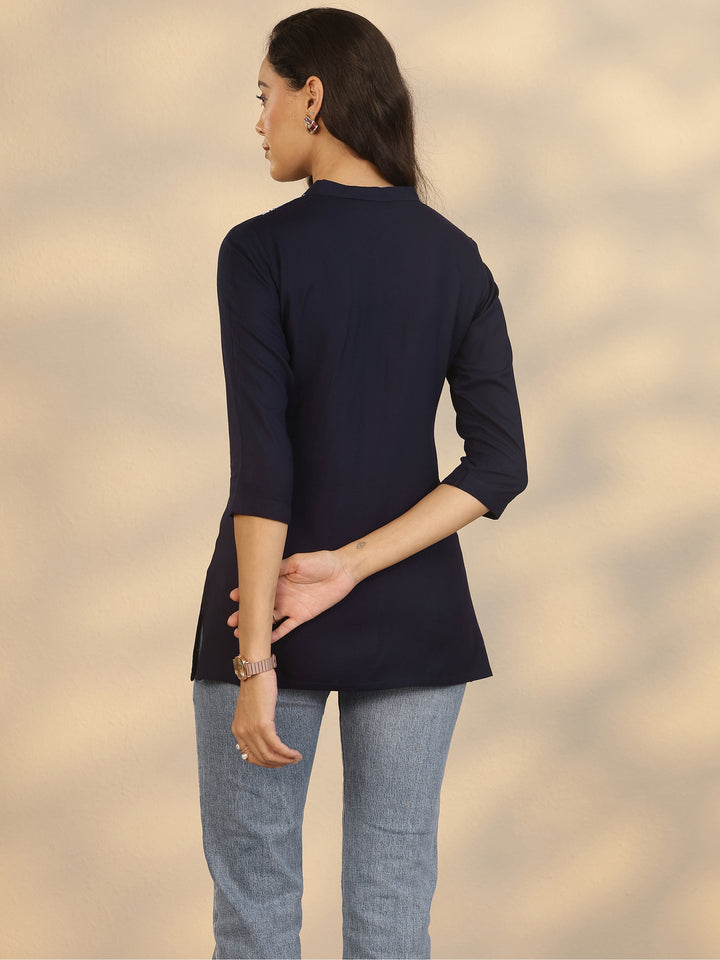 Navy Blue Yoke Design Rayon Straight Short Kurti
