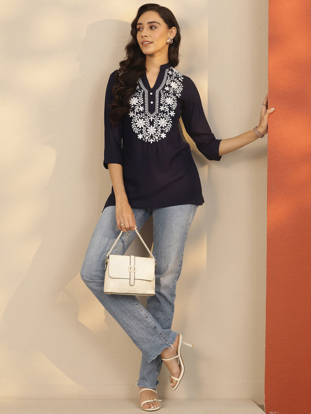 Navy Blue Yoke Design Rayon Straight Short Kurti