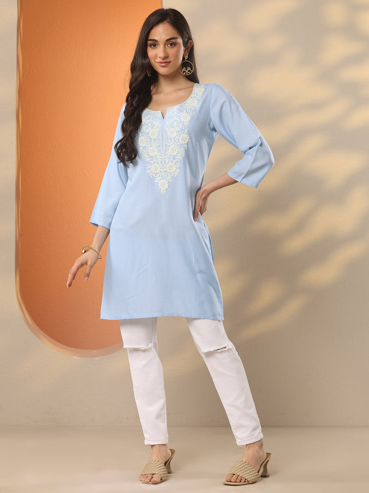 Blue Yoke Design Rayon Straight Short Kurti