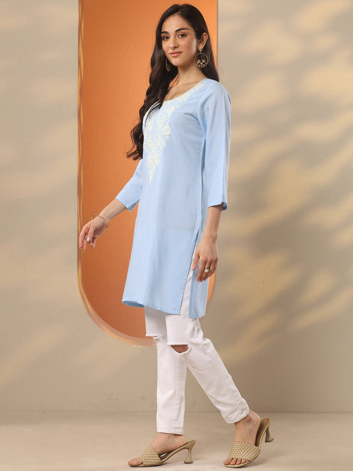 Blue Yoke Design Rayon Straight Short Kurti