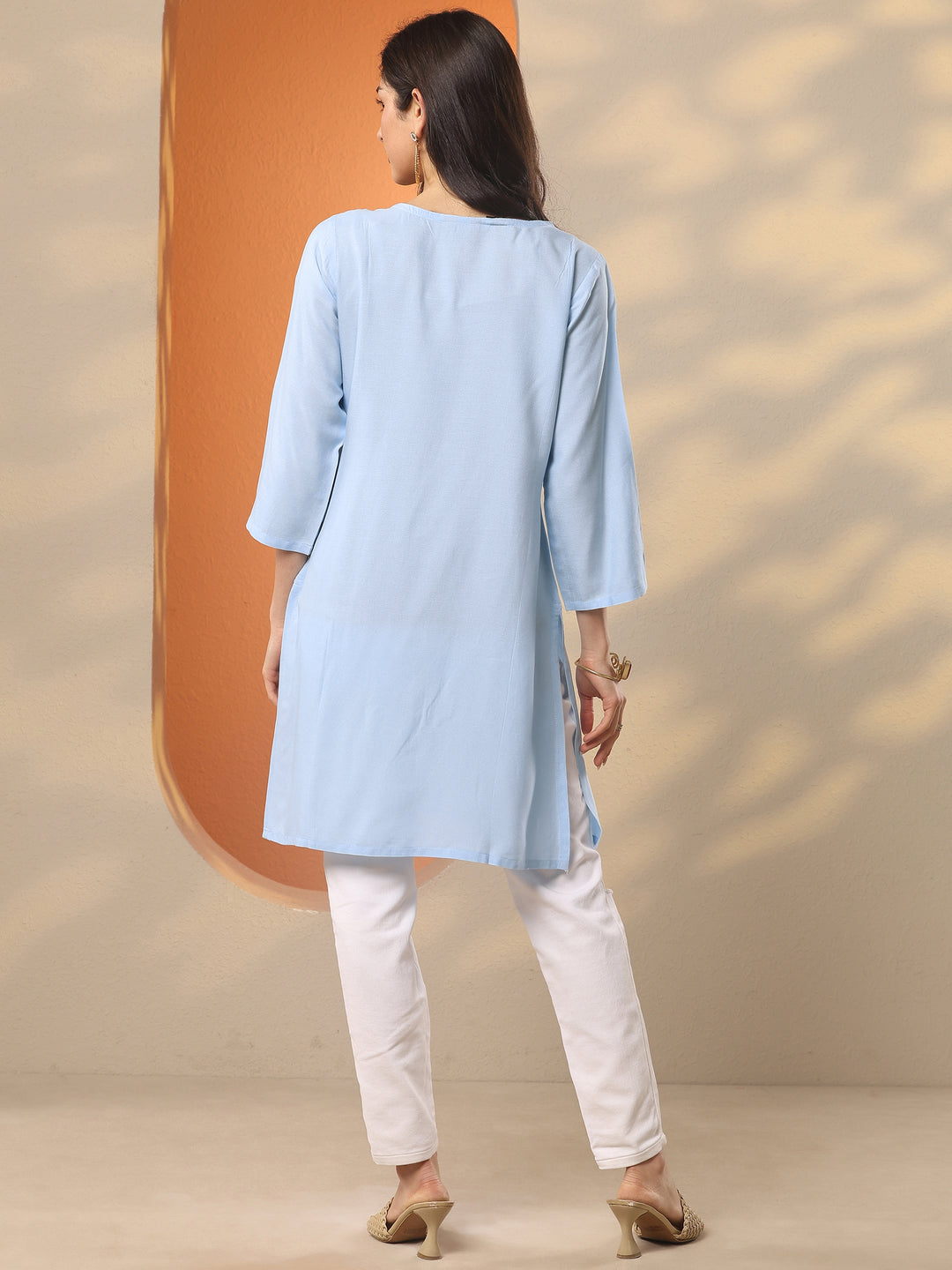 Blue Yoke Design Rayon Straight Short Kurti
