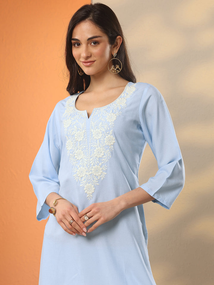Blue Yoke Design Rayon Straight Short Kurti
