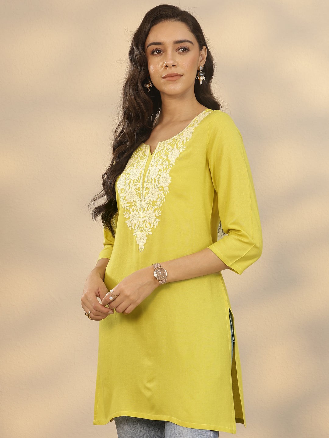 Yellow Embroidered Rayon Straight Short Kurti