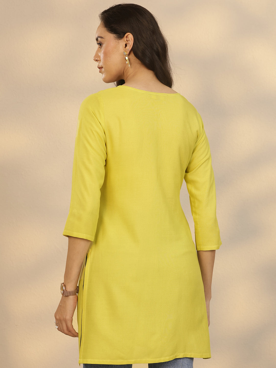 Yellow Embroidered Rayon Straight Short Kurti