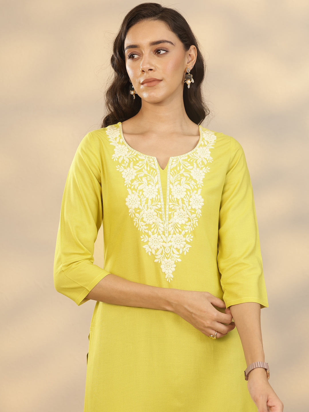 Yellow Embroidered Rayon Straight Short Kurti