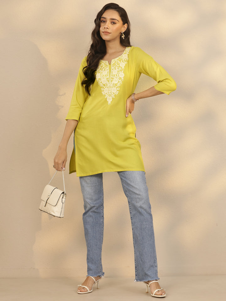 Yellow Embroidered Rayon Straight Short Kurti