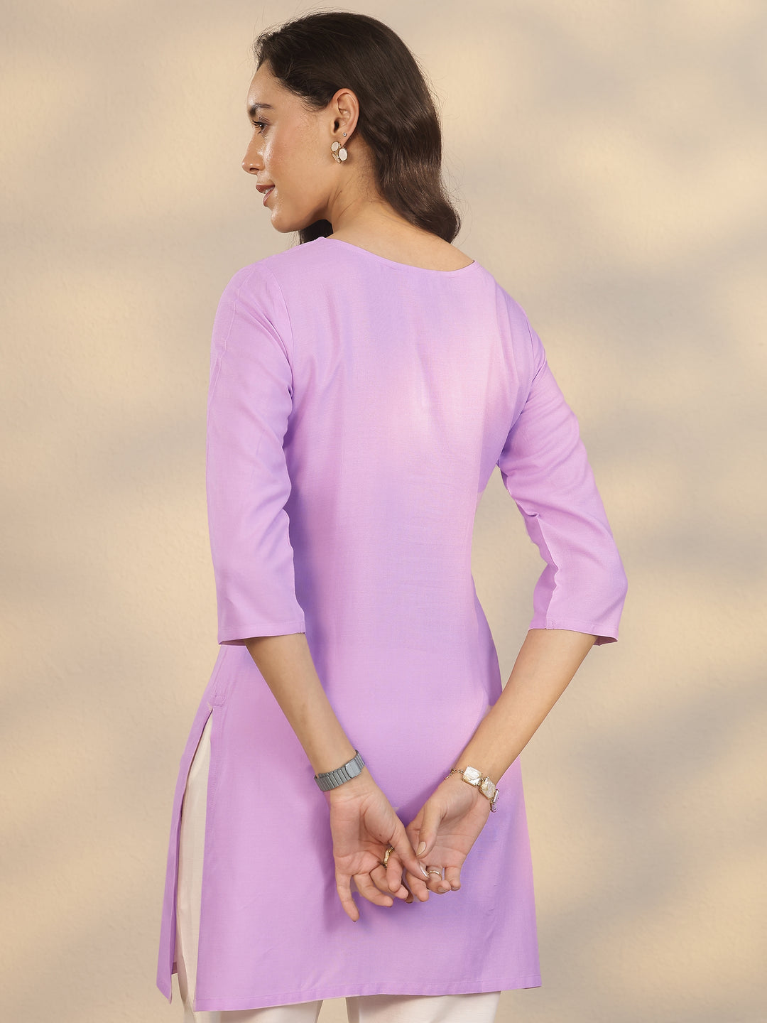 Lavender Embroidered Rayon Straight Short Kurti