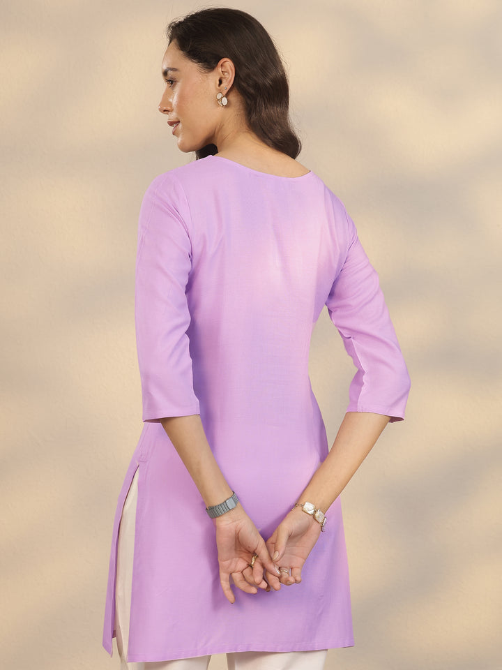 Lavender Embroidered Rayon Straight Short Kurti