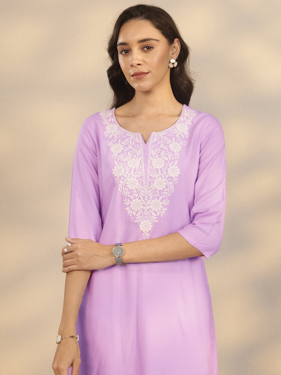 Lavender Embroidered Rayon Straight Short Kurti