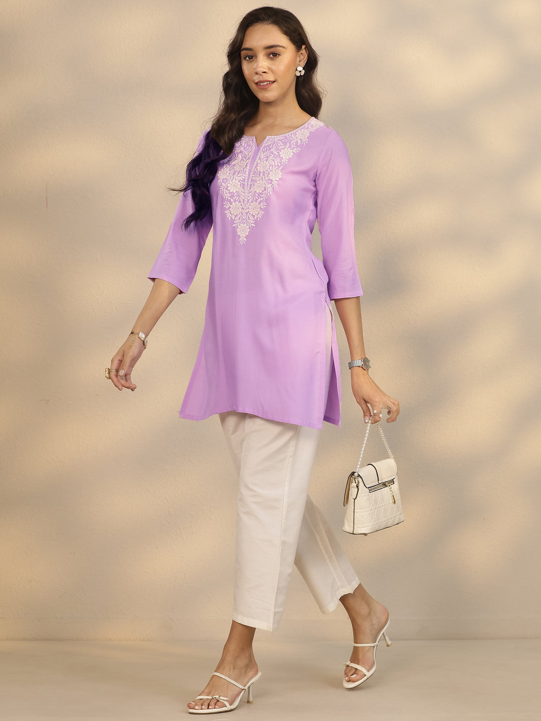 Lavender Embroidered Rayon Straight Short Kurti