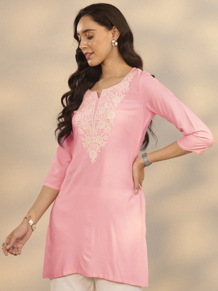 Pink Embroidered Rayon Straight Short Kurti