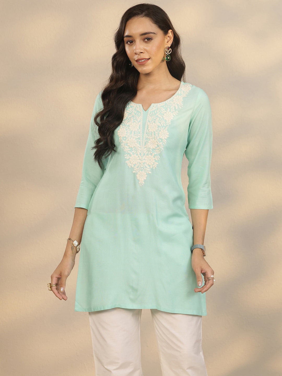 Green Embroidered Rayon Straight Short Kurti