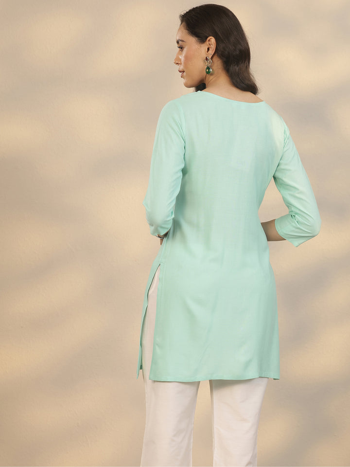 Green Embroidered Rayon Straight Short Kurti