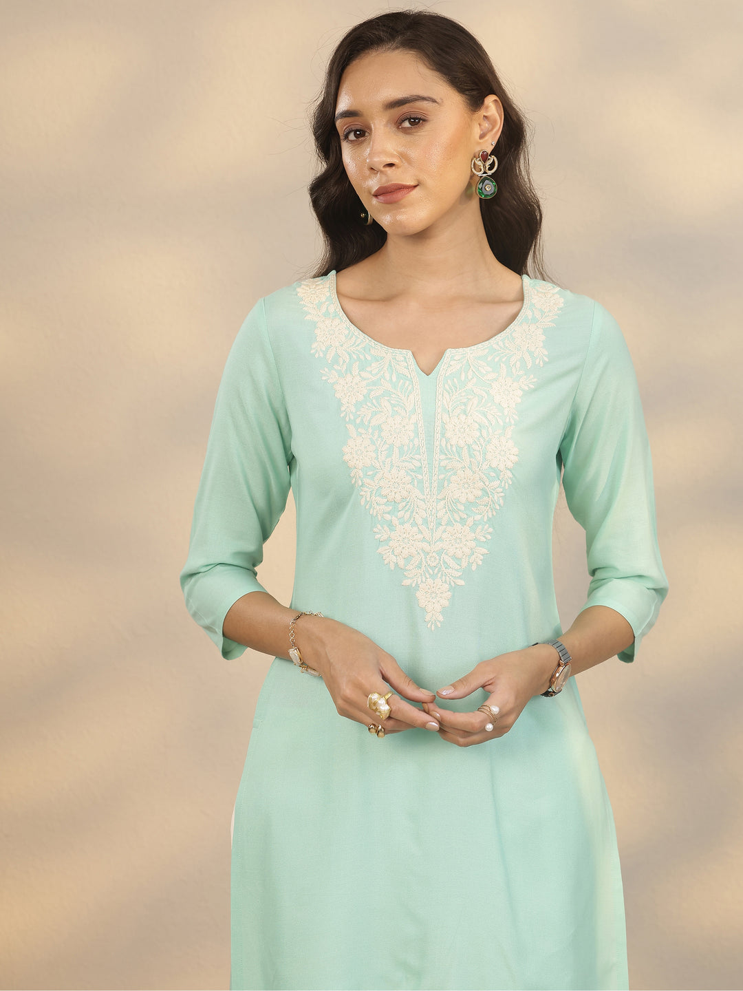 Green Embroidered Rayon Straight Short Kurti