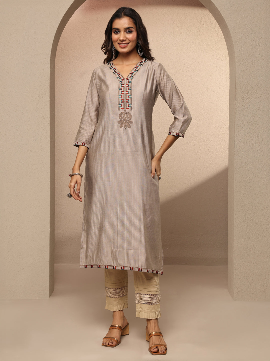 Taupe Embroidered Silk Blend Straight Kurta