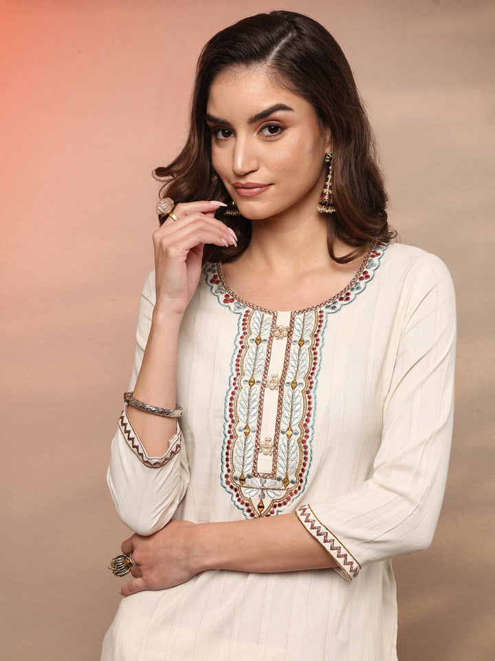 Cream Embellished Silk Blend Straight Kurta
