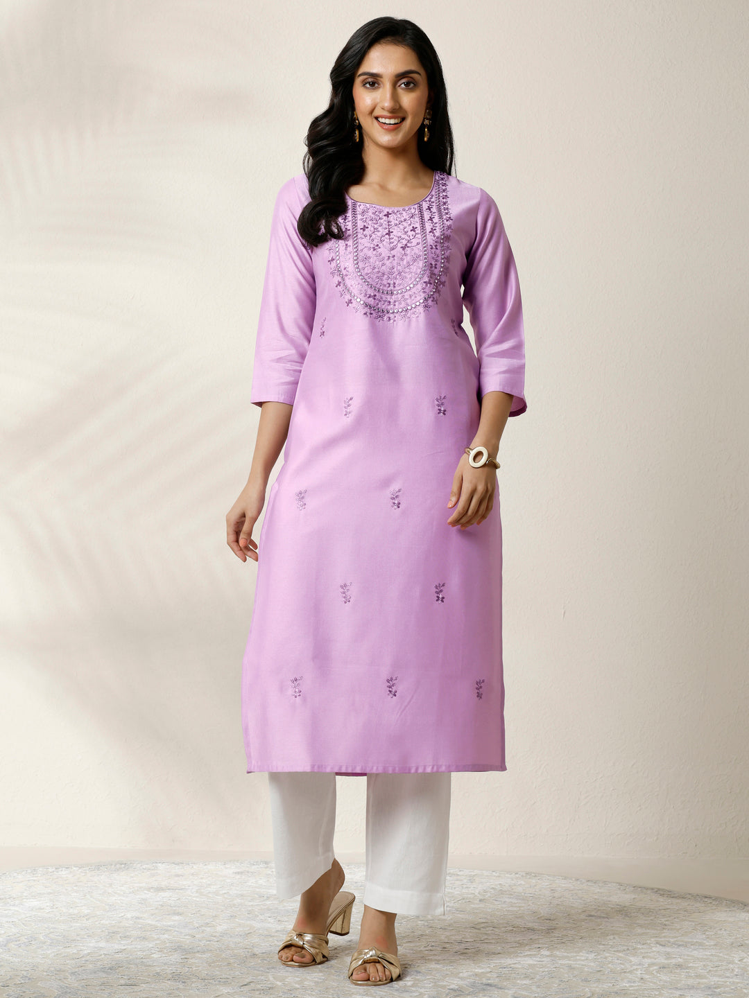 Lavender Embroidered Silk Blend Straight Kurta