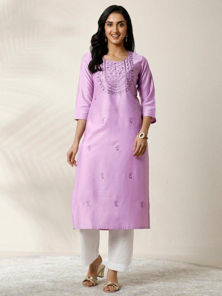 Lavender Embroidered Silk Blend Straight Kurta