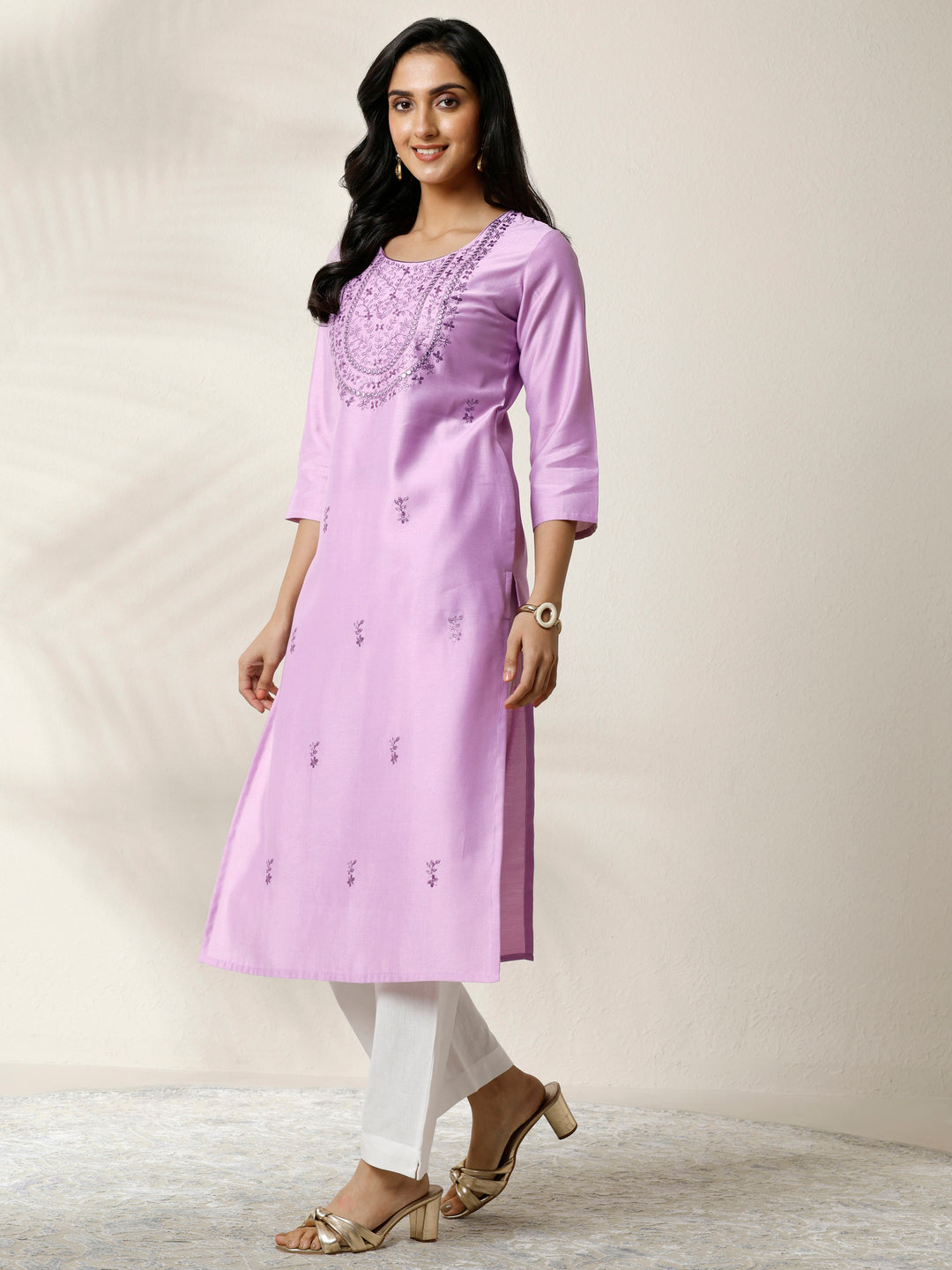 Lavender Embroidered Silk Blend Straight Kurta