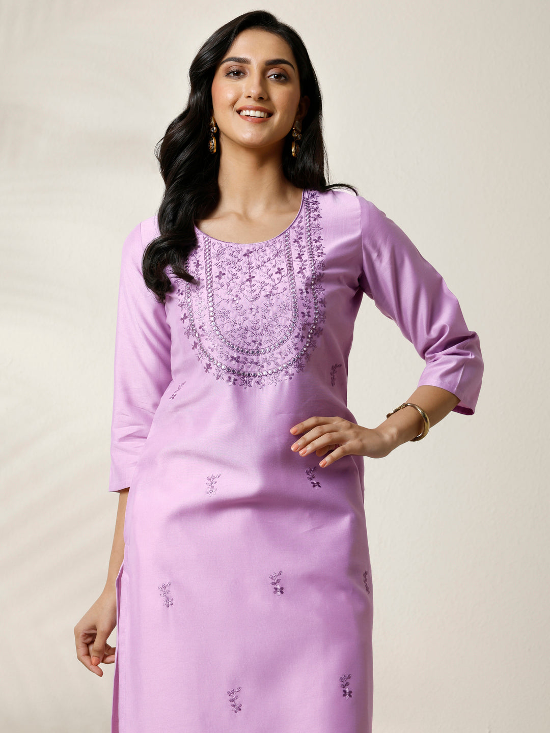 Lavender Embroidered Silk Blend Straight Kurta