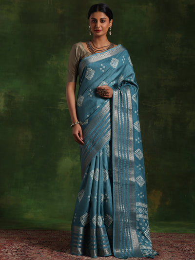 Blue Printed Silk Blend Saree With Unstitched Blouse Piece