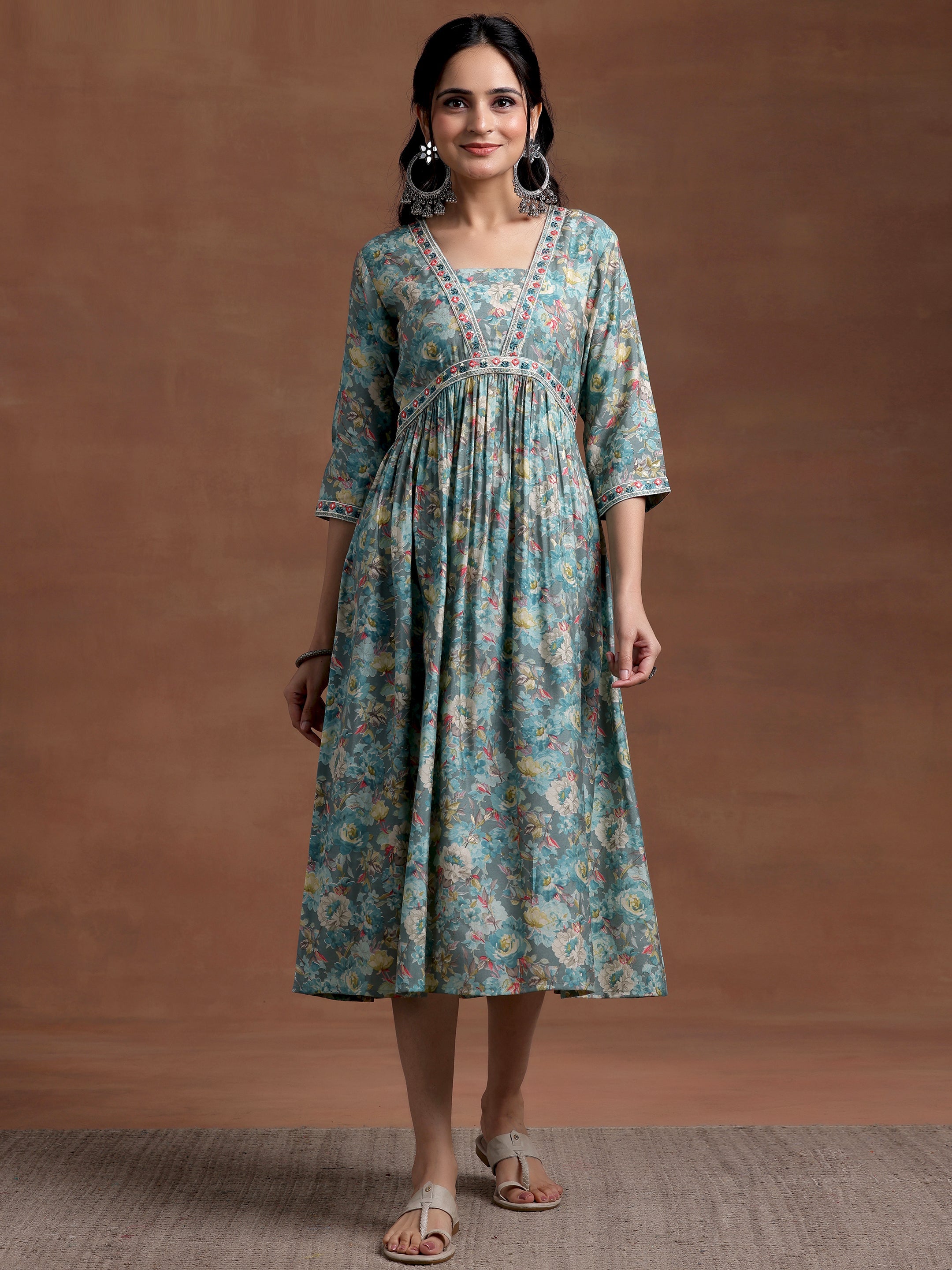 Buy Grey Printed Silk Fit and Flare Dress Online at $23.00 | Libas