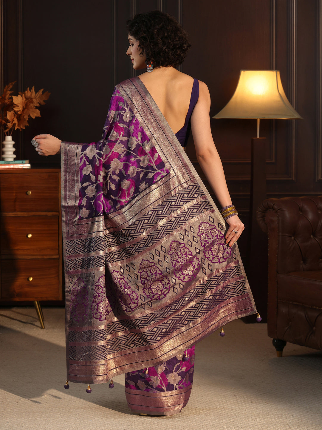 Libas Purple Floral Woven Design Silk Blend Saree