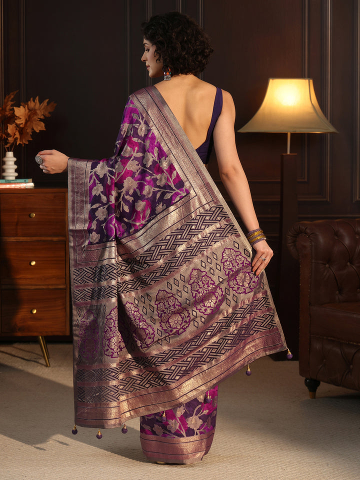 Libas Purple Floral Woven Design Silk Blend Saree
