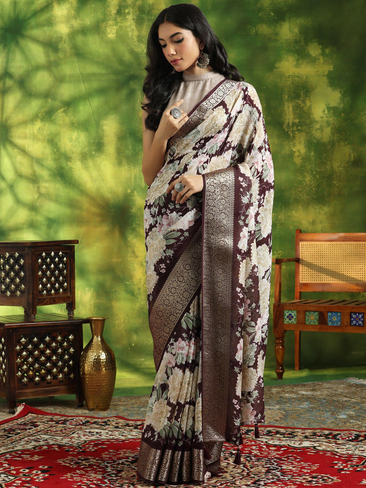 Wine Printed Silk Blend Saree With Unstitched Blouse Piece - Libas