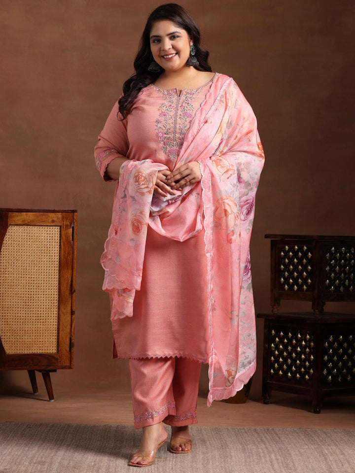 Plus Size Peach Yoke Design Silk Blend Straight Suit With Dupatta