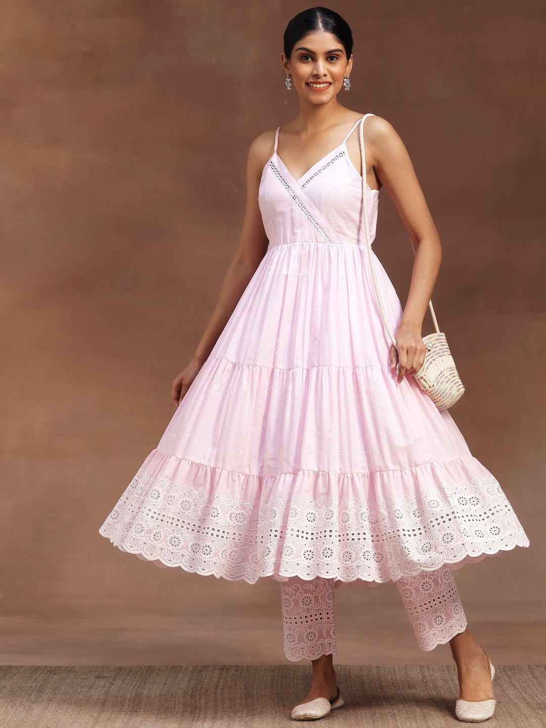 Pink Self Design Cotton Anarkali Kurta With Trousers