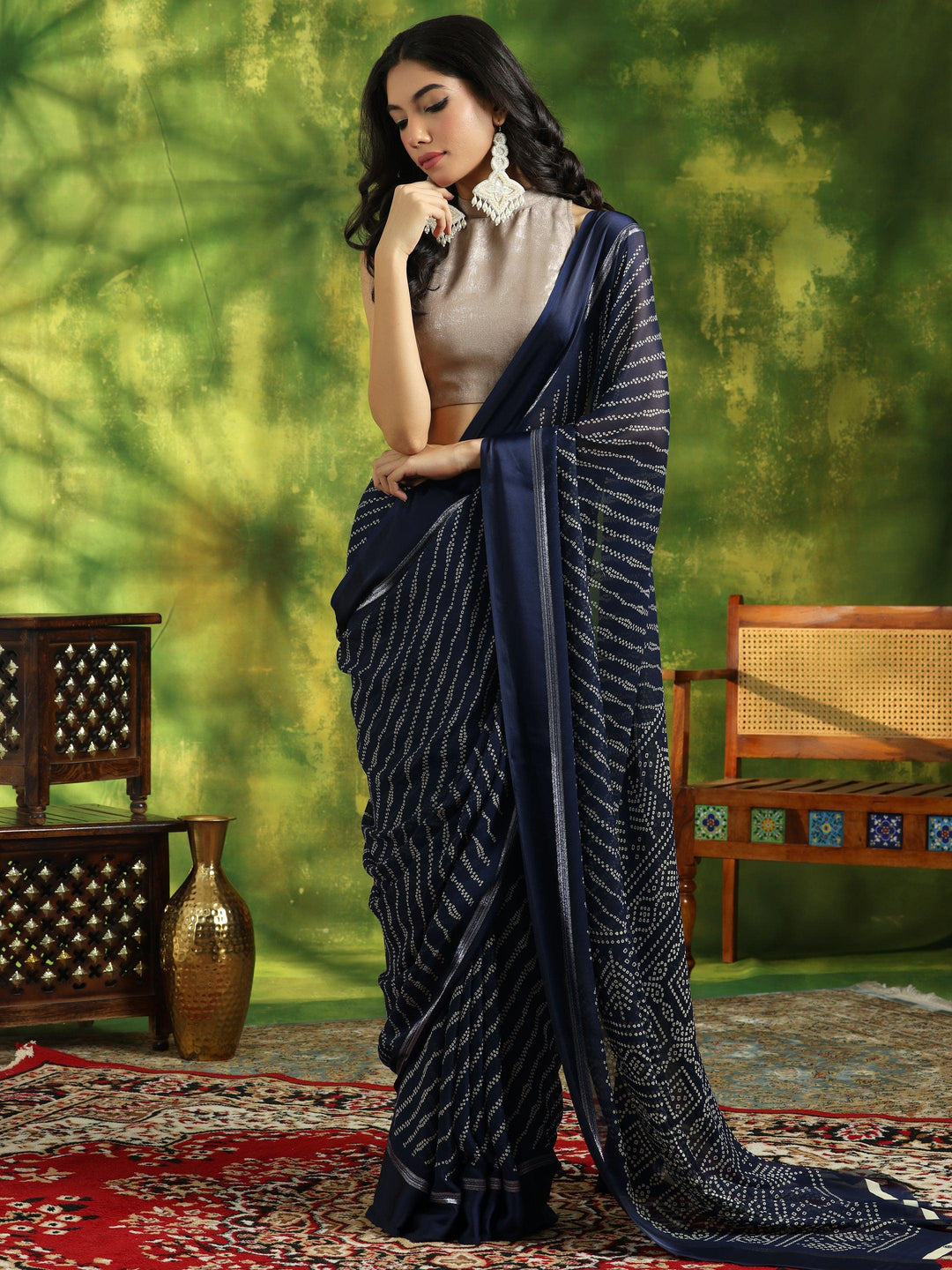 Blue Printed Satin Saree With Unstitched Blouse Piece - Libas