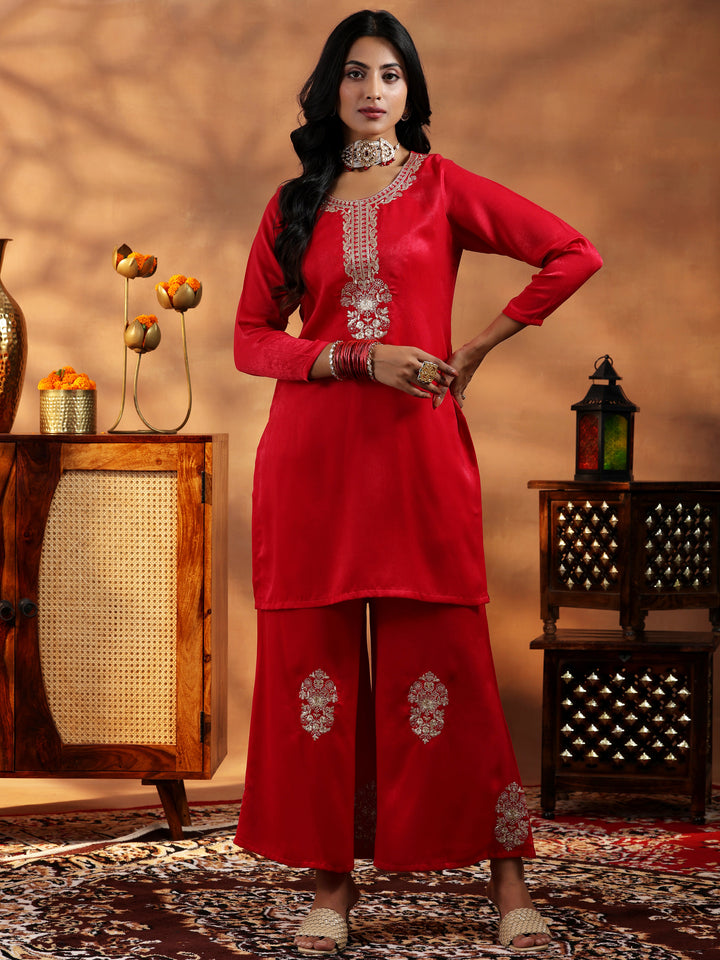 Red Embroidered Velvet Co-Ords