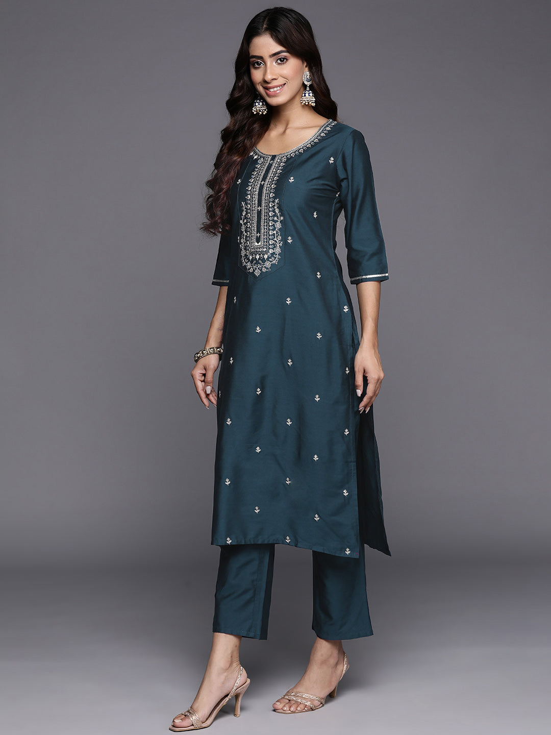 Blue Embroidered Silk Blend Straight Suit Set With Dupatta