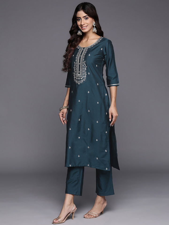 Blue Embroidered Silk Blend Straight Suit Set With Dupatta