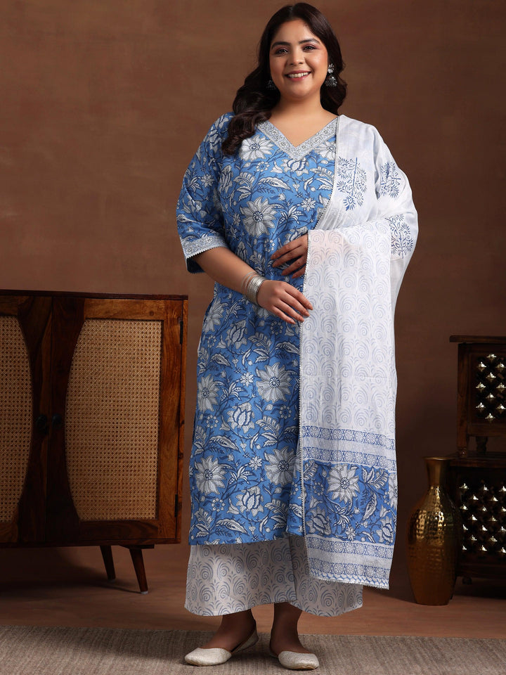 Plus Size Blue Printed Cotton Straight Suit With Dupatta