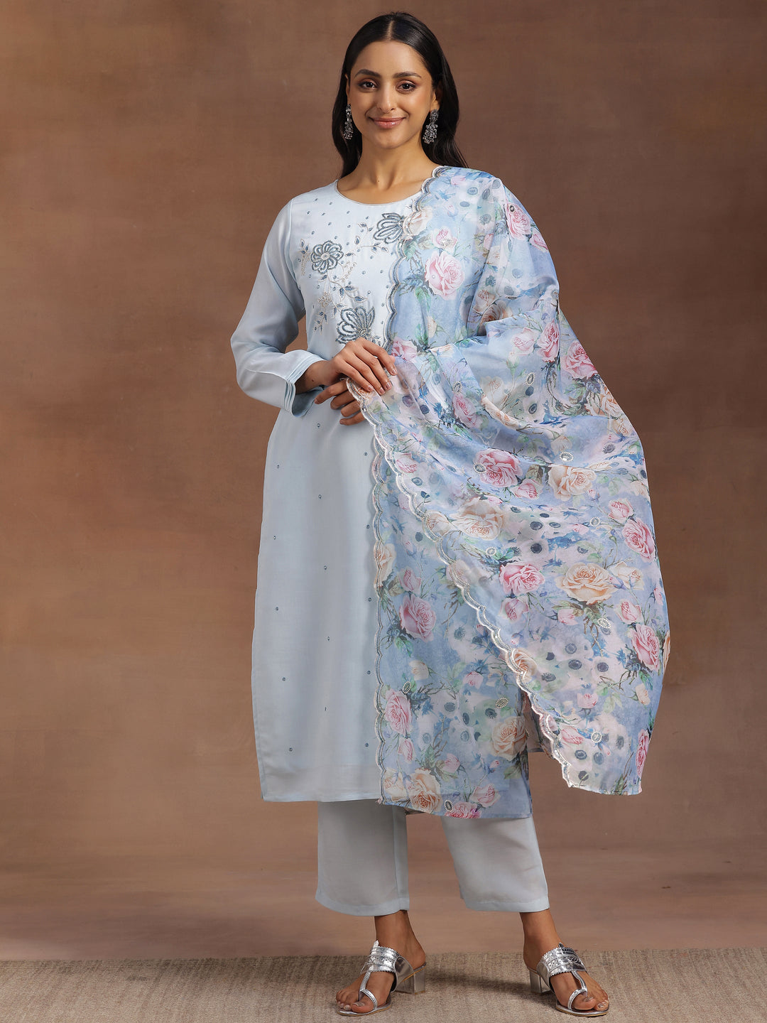 Blue Embroidered Silk Blend Straight Suit With Dupatta