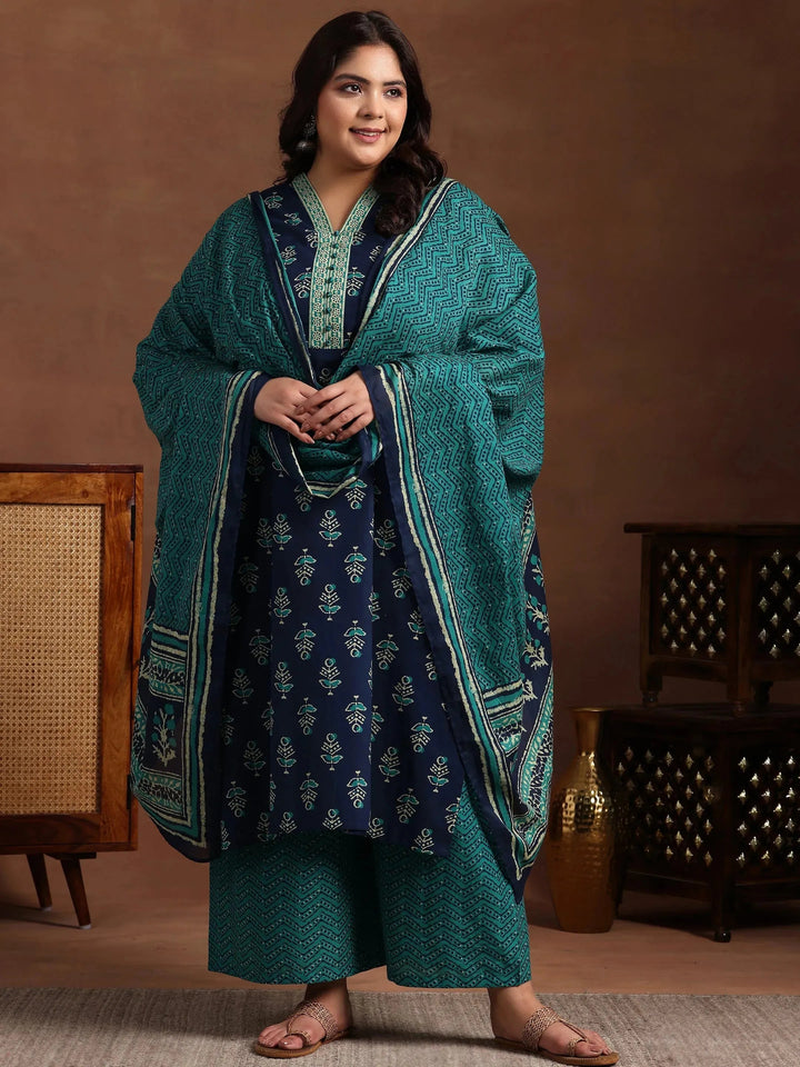 Plus Size Blue Printed Cotton Straight Suit With Dupatta